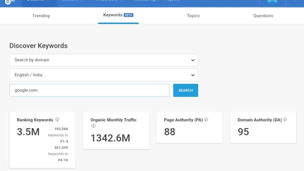 Buzzsumo Keyword Research Page