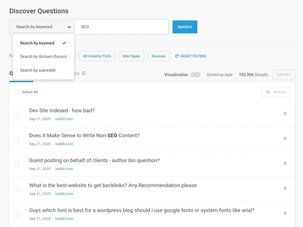 Buzzsumo Question Research Page